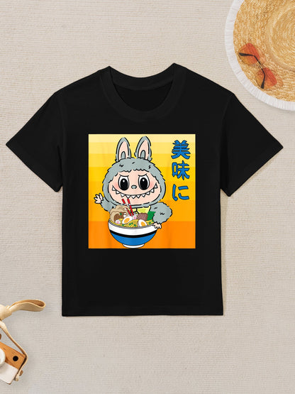 Funny Labubu Eating Ramen Japanese Monster Lover Birthday Kids T-Shirt