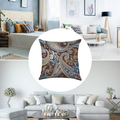 Blue Brown Vintage Paisley Linen Throw Pillow Cover