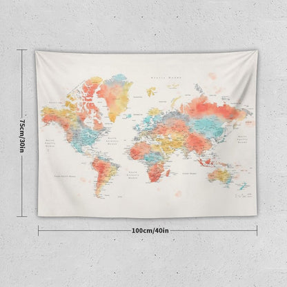 Colorful Watercolor Detailed World Map Tapestry