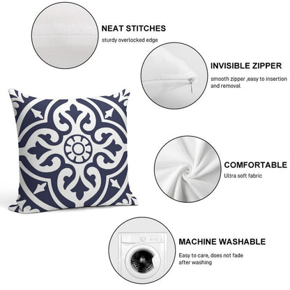Hamptons Blue And White Moroccan Talavera Tile Soft Short Plush Fabric Throw Pillow
