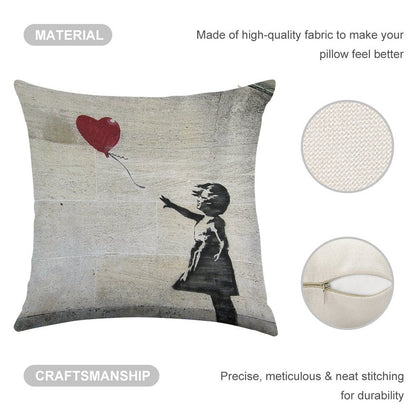 Banksy's Girl with A Red Balloon Linen Throw Pillow Cover