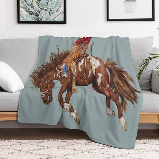 Vintage Western Rodeo Art, Bronco Busting Cowboy Throw Blanket