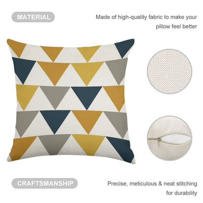 Arrows Light Mustard Yellow, Dark Mustard Yellow, Dark Blue, Grey, And White Geometric Pattern Linen Throw Pillow Cover