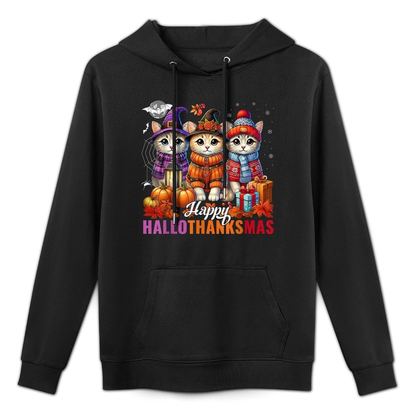 Halloween Thanksgiving Christmas Happy HalloThanksMas Cats Shrink-Resistant Hoodie