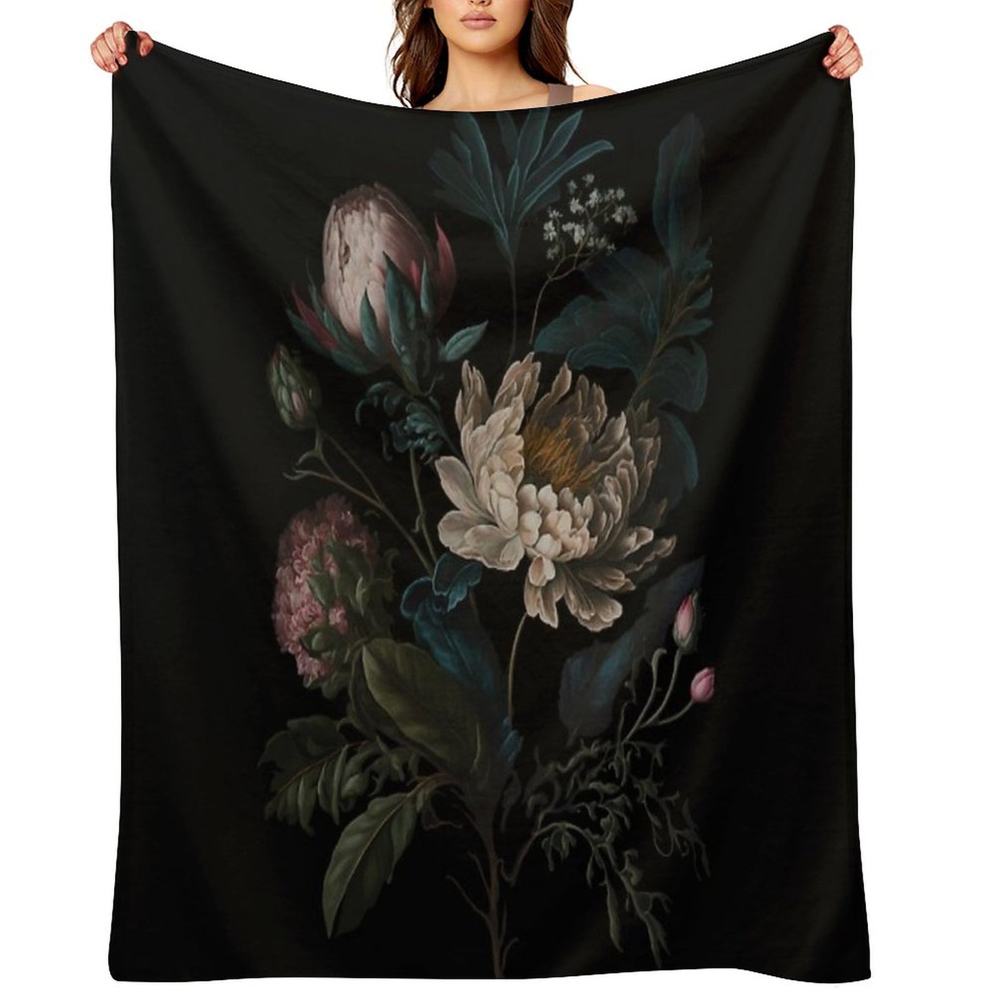 Dark Academia Peony Botanical Throw Blanket