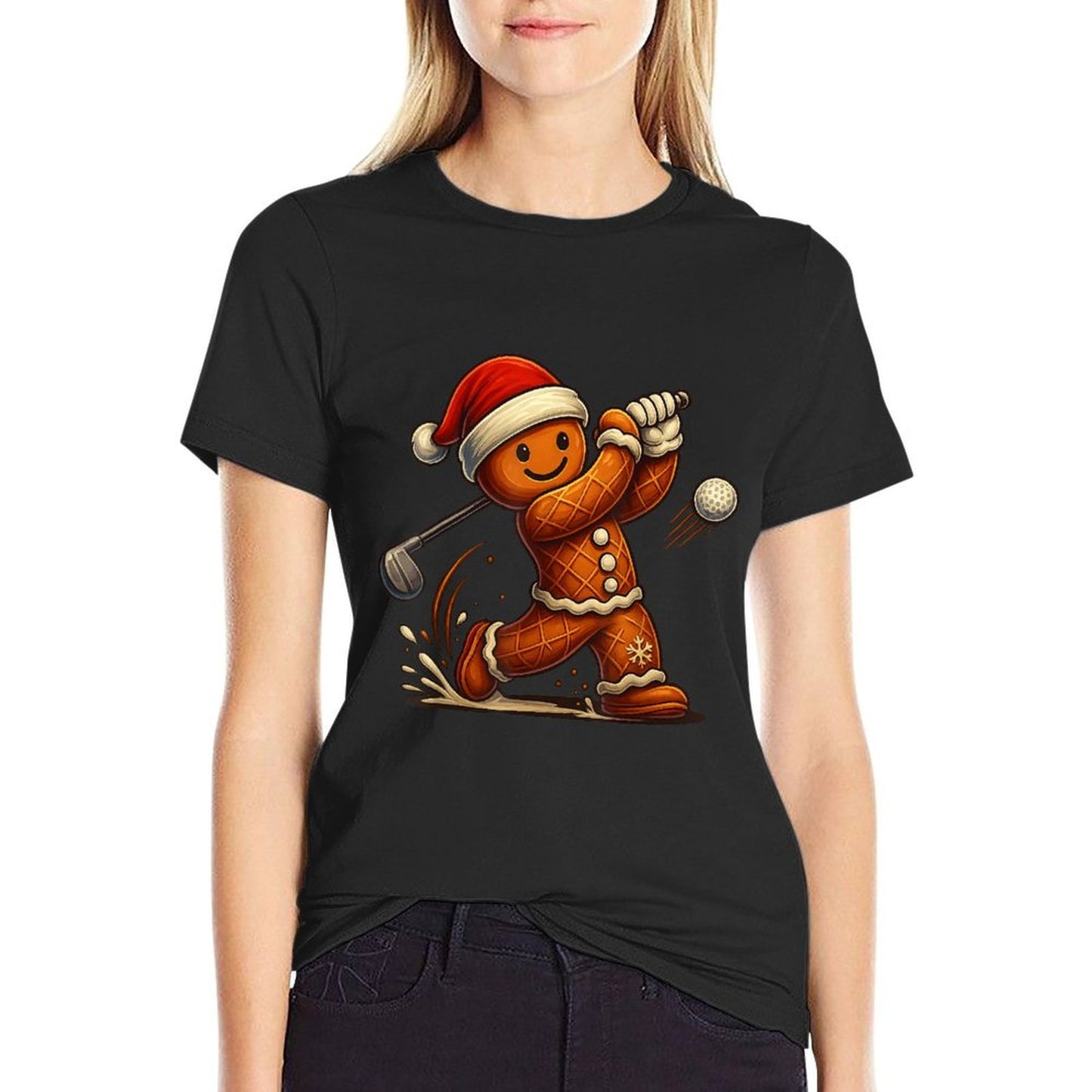 Gingerbread Man Playing Golf Funny Christmass Mens Boys  Durable T-Shirt