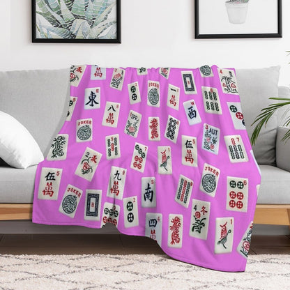 Mahjongg Game Tiles Design on Pink Color Throw Blanket