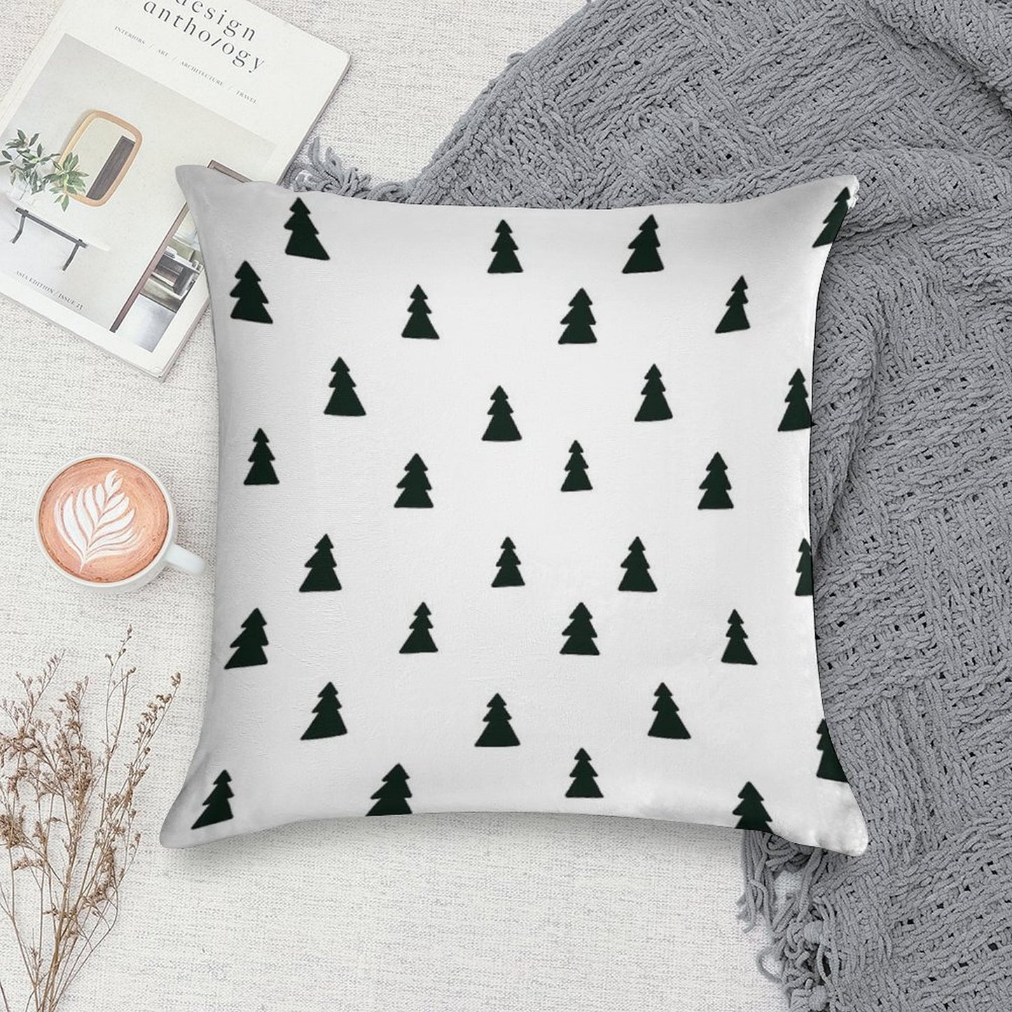 Black Modern Christmas Tree Pattern Soft Reinforced Edging Throw Pillow