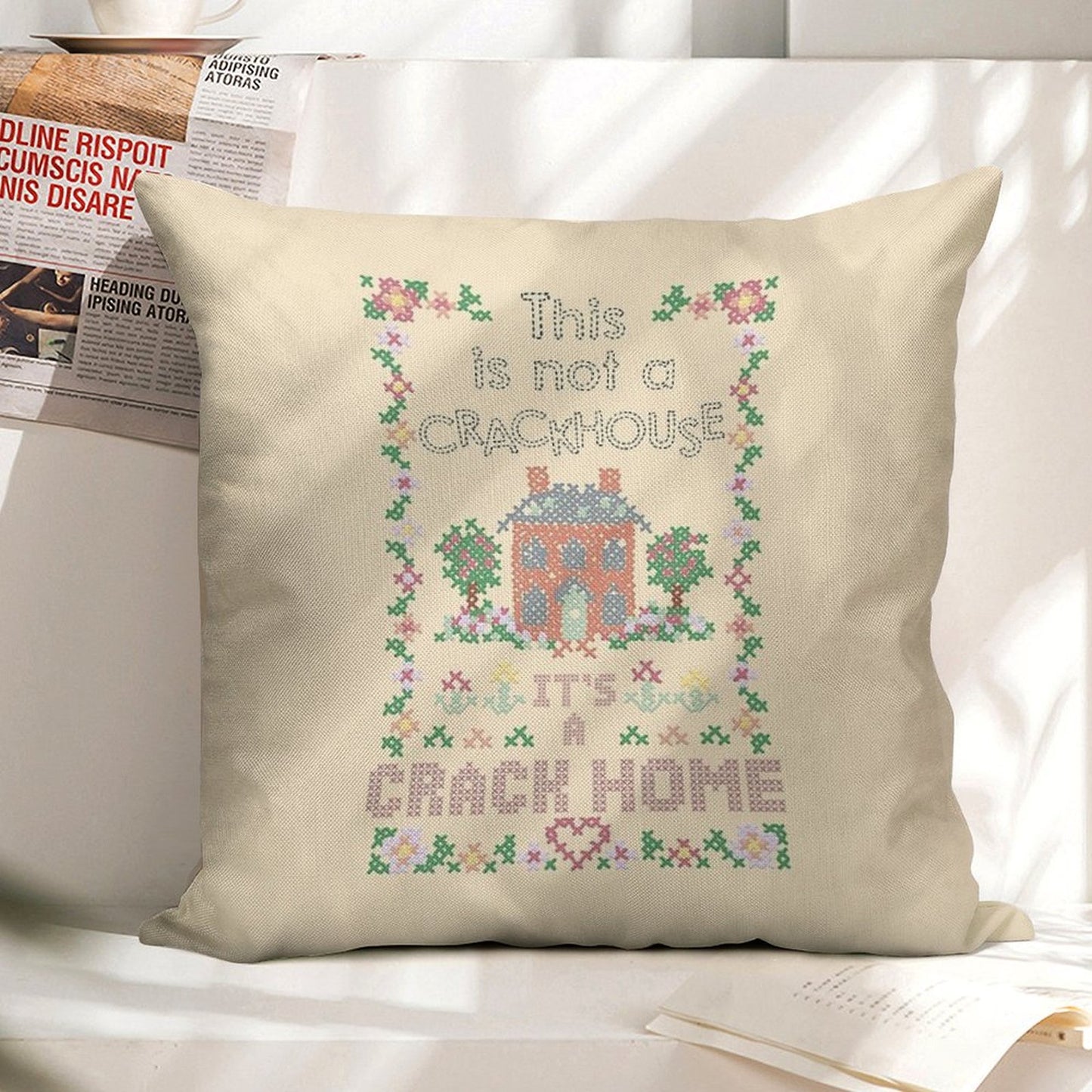 A Crack Home - Cross Stitch Embroidery Linen Throw Pillow Cover