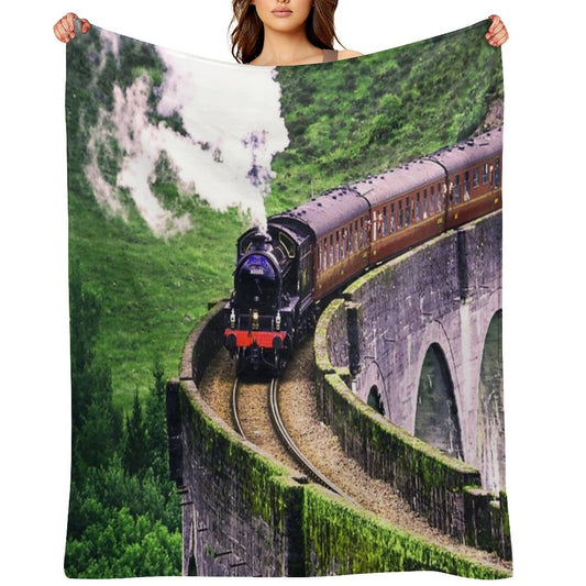 Locomotive Train on Bridge Throw Blanket