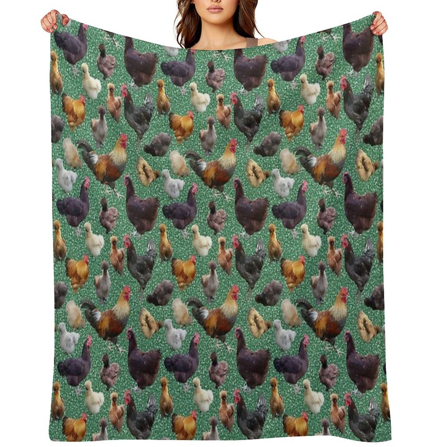 Backyard Chickens on Green Glitter Throw Blanket