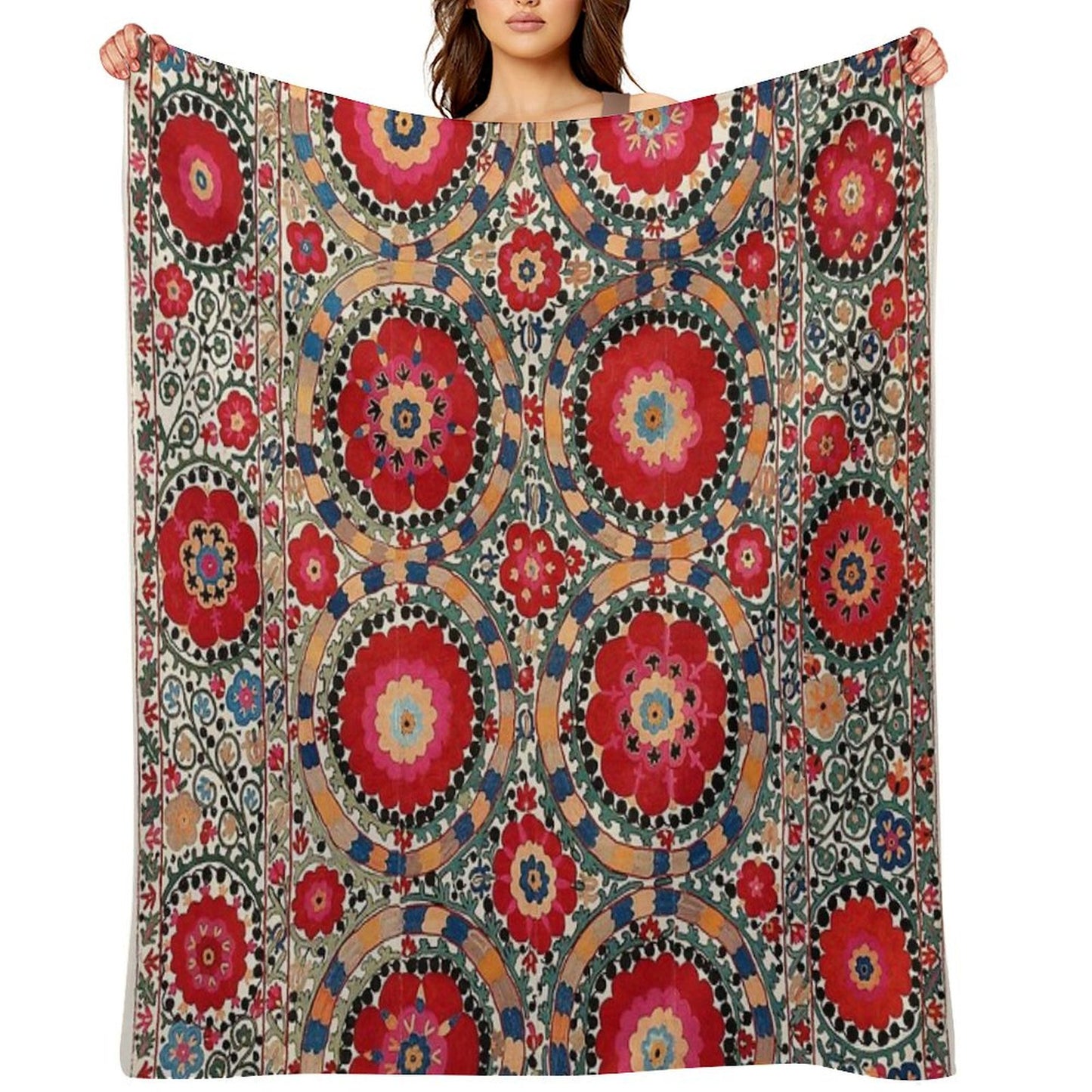 Karabag Suzani Uzbekistan Embroidery Print Throw Blanket