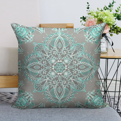 Teal And Aqua Lace Mandala on Grey Linen Throw Pillow Cover