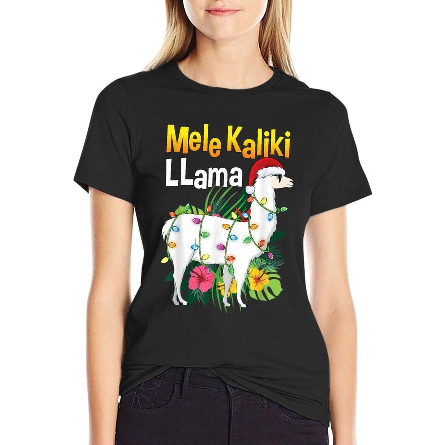 Mele Kalikimaka Christmas Hawaiian Llama X-Mas Lights  Rolled Sleeves T-Shirt