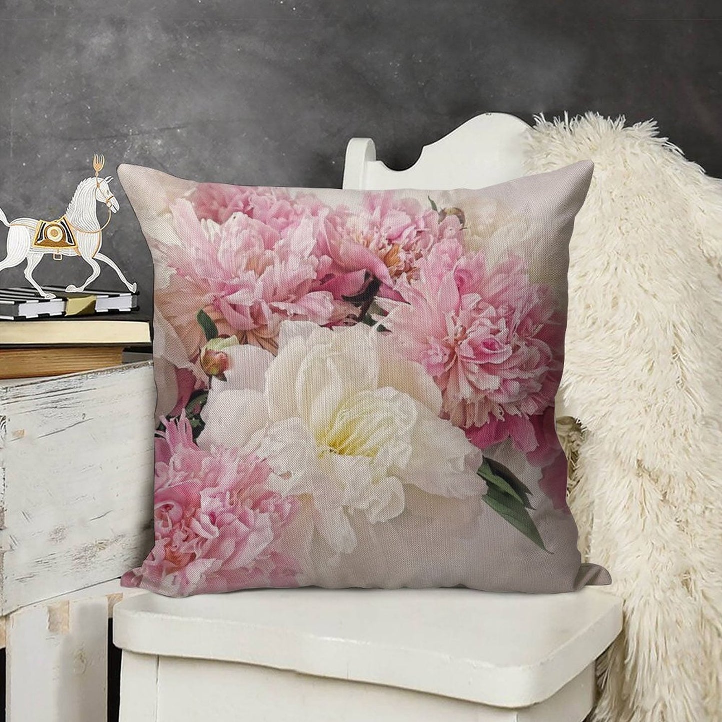 Peonies Linen Throw Pillow Cover