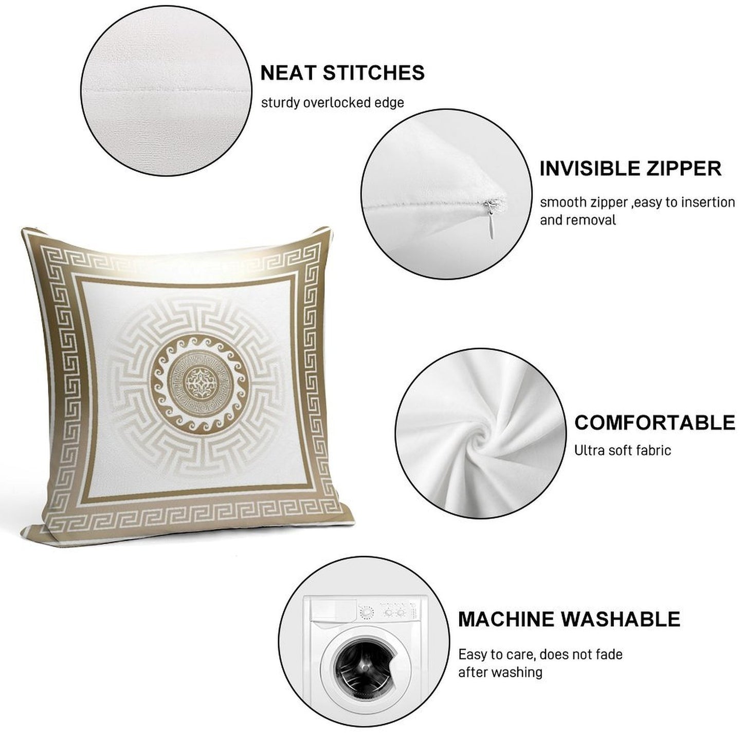 Greek Key Meander Bronze White Soft Fade-Resistant Throw Pillow