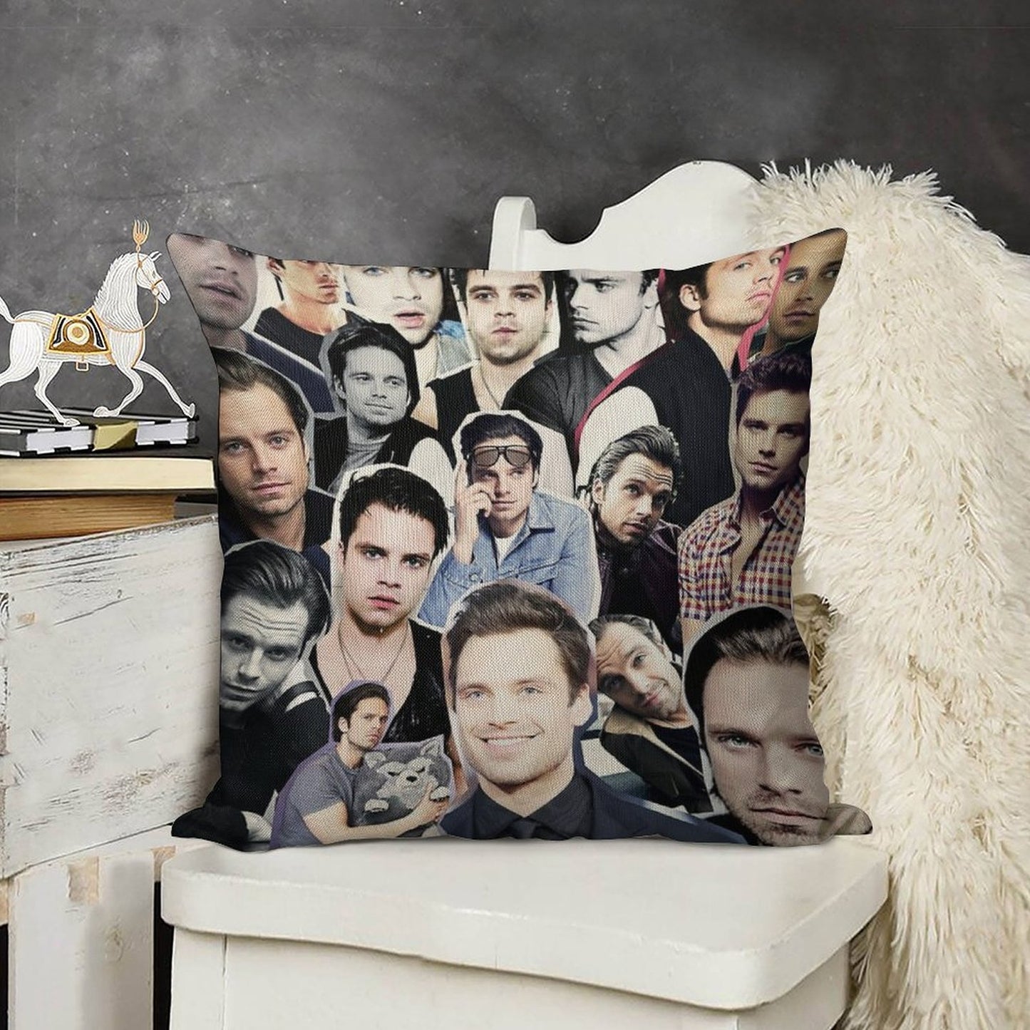 Sebastian Stan Collage Linen Throw Pillow Cover