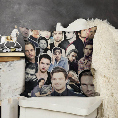 Sebastian Stan Collage Linen Throw Pillow Cover