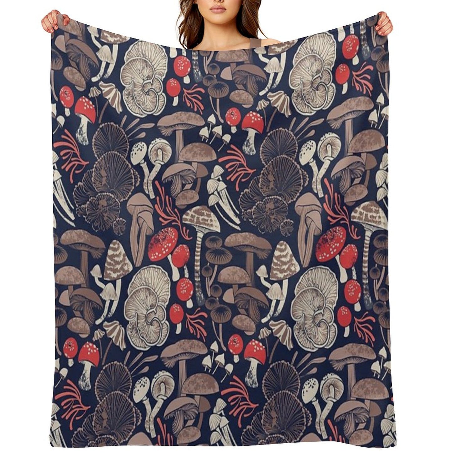 Mystical Fungi  Midnight Blue Background Brown Red And Coral Wild Mushrooms Throw Blanket