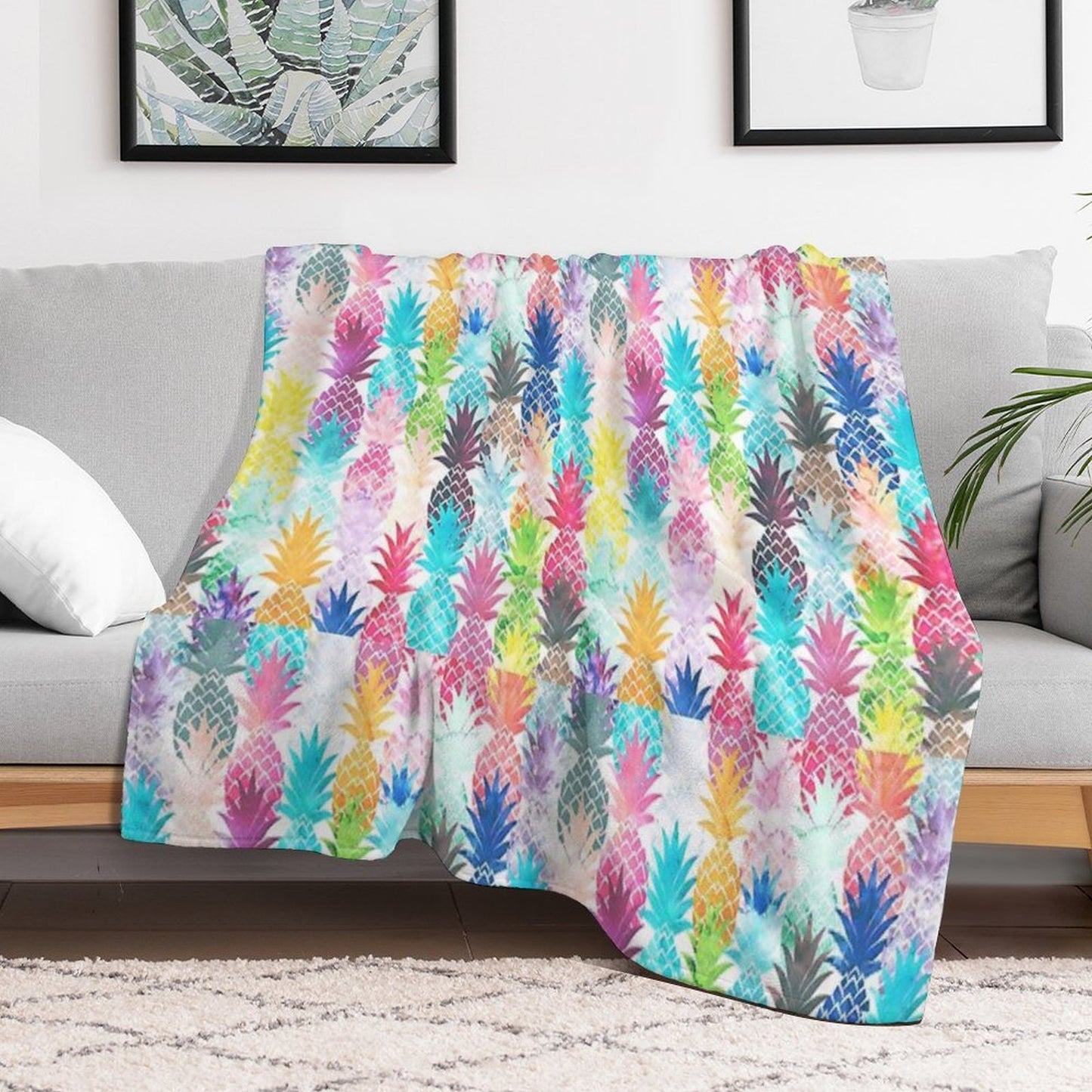 Hawaiian Pineapple Pattern Tropical Watercolor Throw Blanket