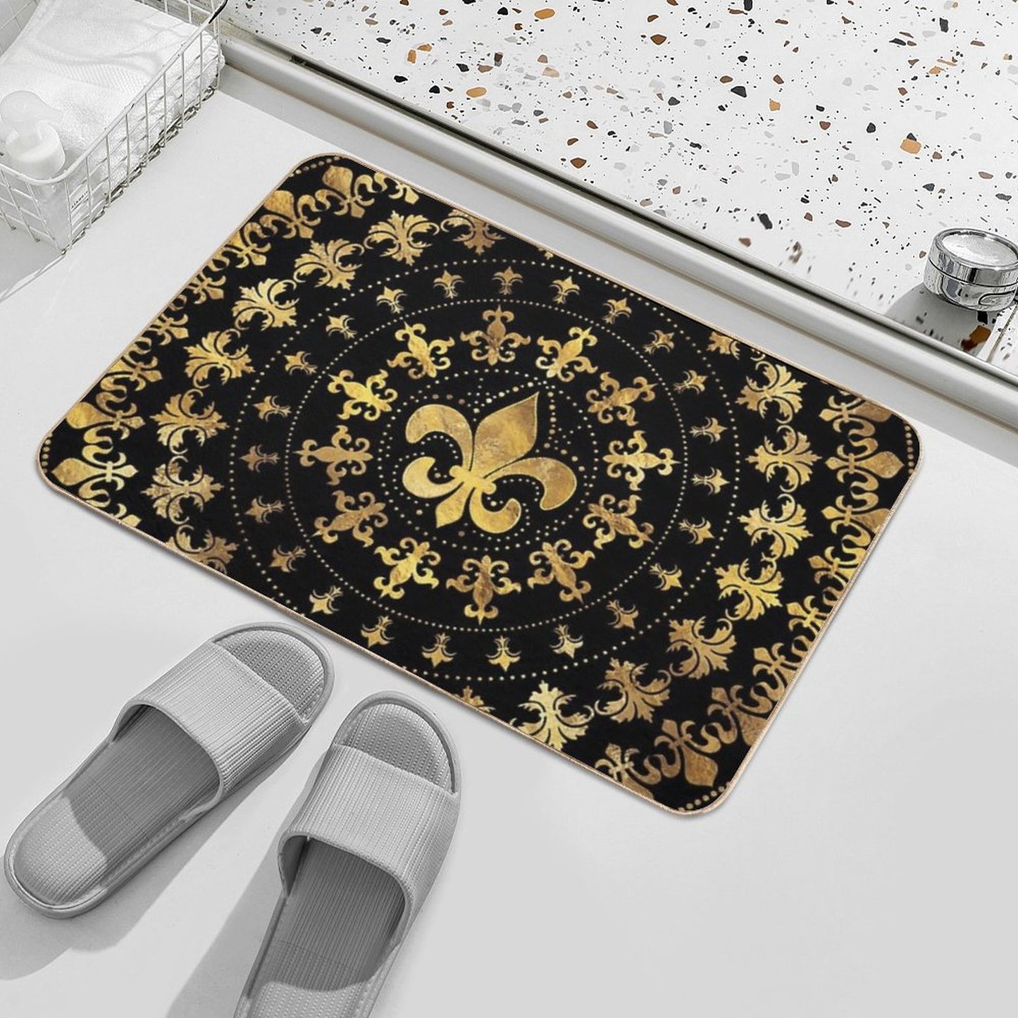 Fleur-de-lis - Circular Ornament - Gold And Black Bath Mat