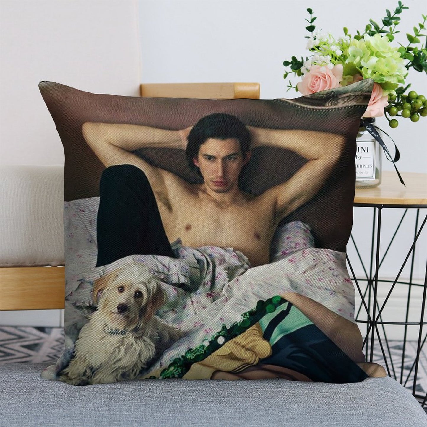 Adam Driver with Dog Photosession Linen Throw Pillow Cover