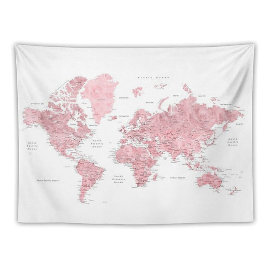 Light Pink And Muted Pink World Map with Cities Tapestry