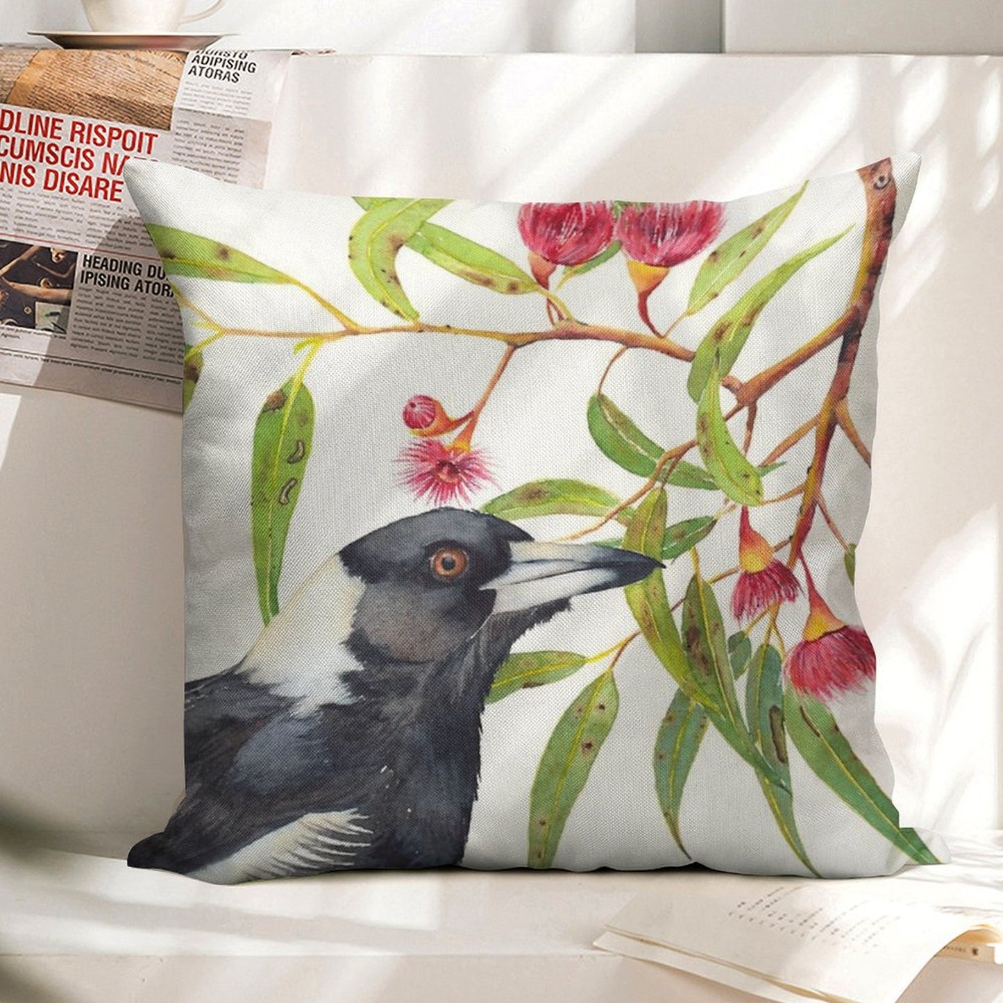 Australian Magpie And Eucalyptus Blossoms Watercolour Painting Linen Throw Pillow Cover