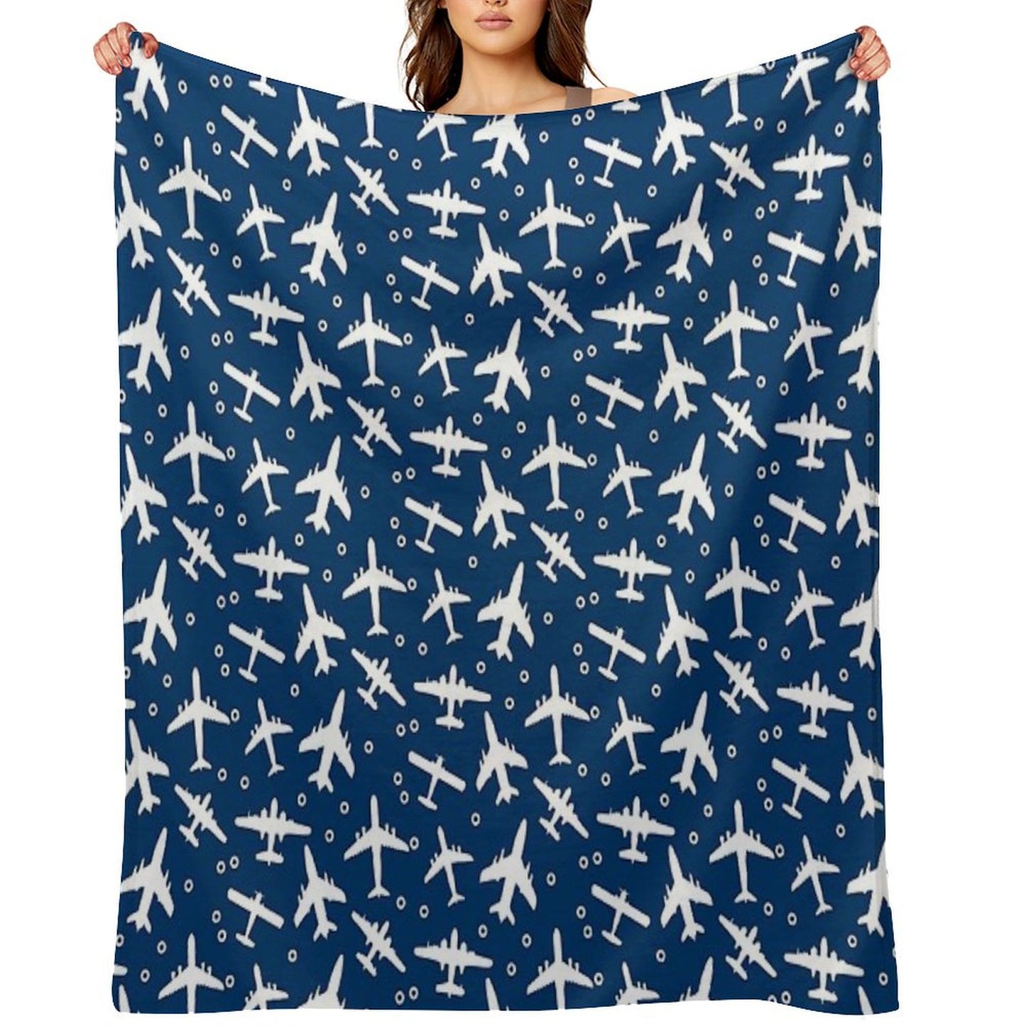 Blue And White Aeroplanes Silhouette Pattern Throw Blanket