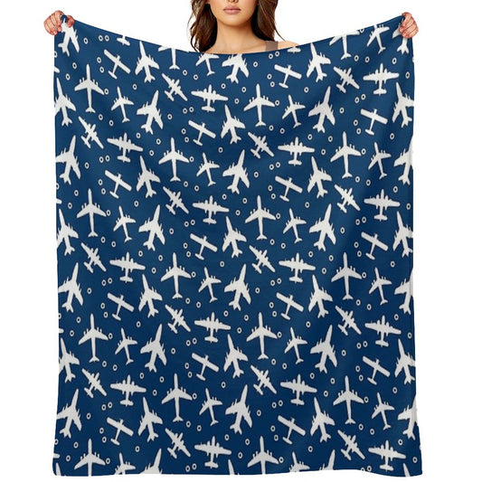 Blue And White Aeroplanes Silhouette Pattern Throw Blanket
