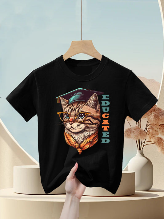 Educated Cat in Graduation Cap Funny Graduation Decorations Kids T-Shirt