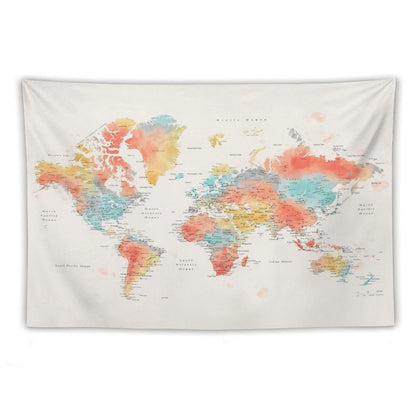 Colorful Watercolor Detailed World Map Tapestry