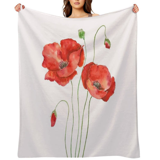 Hand Painted 2 Orange Poppies Watercolor Painting Throw Blanket