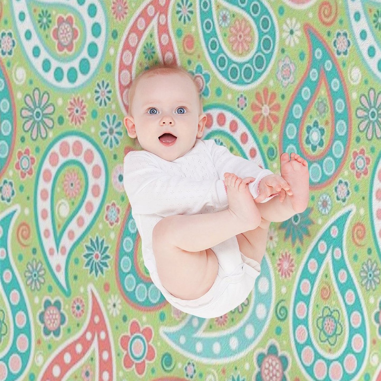 Paisley in Green, Turquoise Blue, Coral Pink And White Throw Blanket