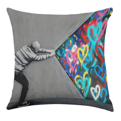 Behind The Curtain Graffiti Hearts Spray Paint Art Linen Throw Pillow Cover