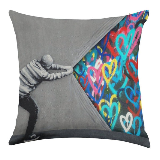 Behind The Curtain Graffiti Hearts Spray Paint Art Linen Throw Pillow Cover