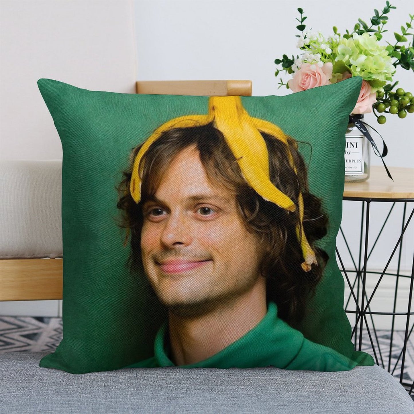 Matthew Gray Gubler with A Banana Linen Throw Pillow Cover