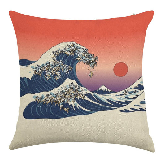 The Great Wave of Pug Linen Throw Pillow Cover