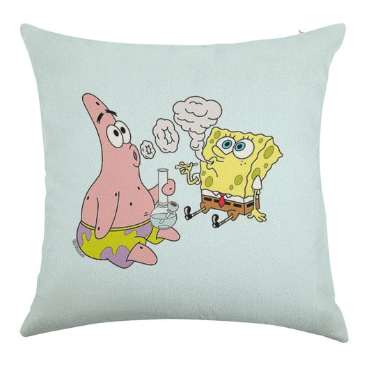 Spongebob And Patrick Smoking Weed Cannabis Cartoon Art Linen Throw Pillow Cover