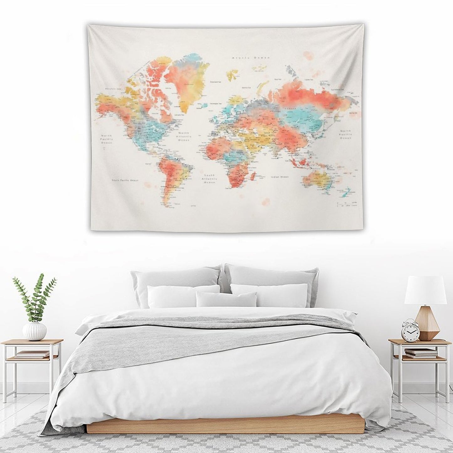 Colorful Watercolor Detailed World Map Tapestry