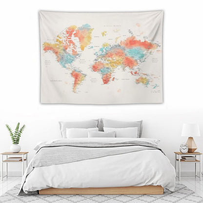 Colorful Watercolor Detailed World Map Tapestry