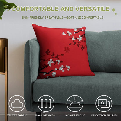 White Oriental Cherry Blossoms on Red And Chinese Wedding Double Happiness  Japanese Sakura © Fatfatin Soft Luxury Feel Throw Pillow