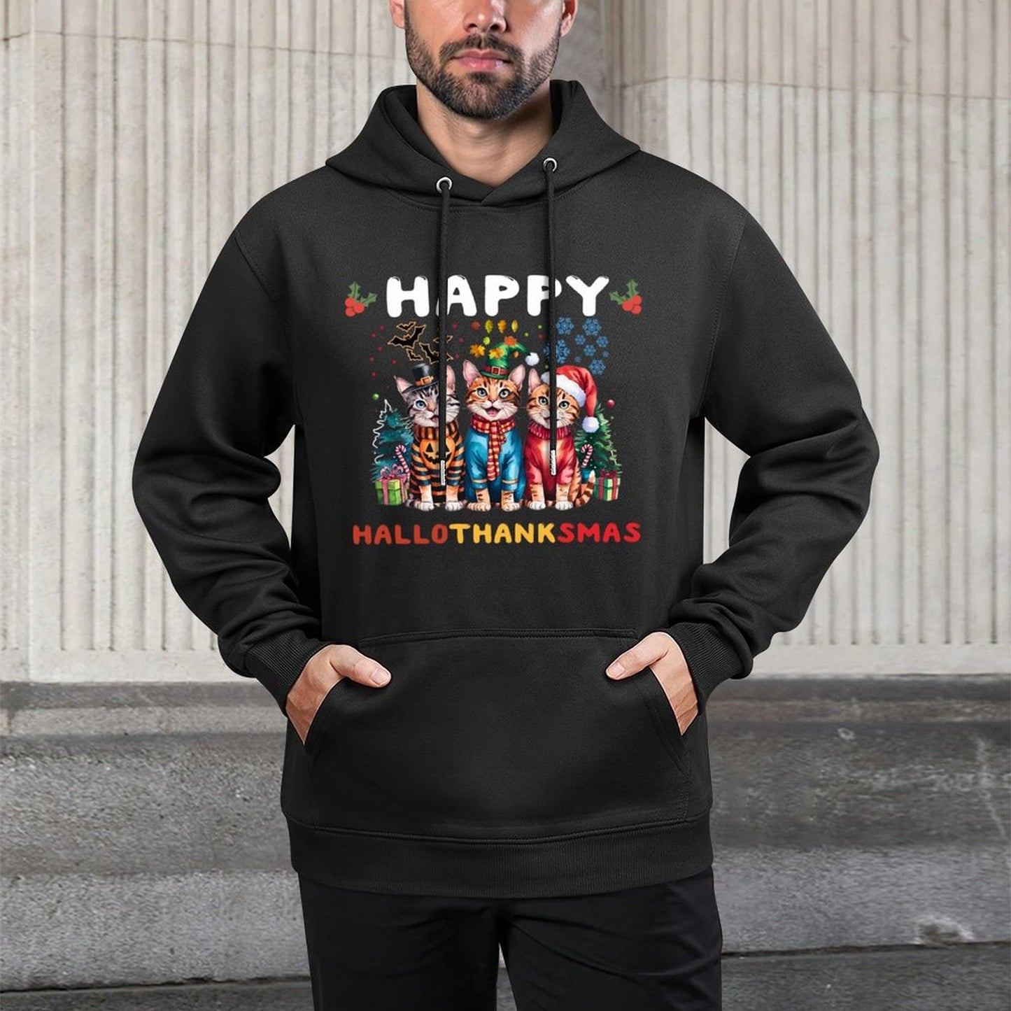 Happy HalloThanksMas Cats Halloween Thanksgiving Christmas Casual Wear Hoodie