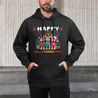 Happy HalloThanksMas Cats Halloween Thanksgiving Christmas Casual Wear Hoodie