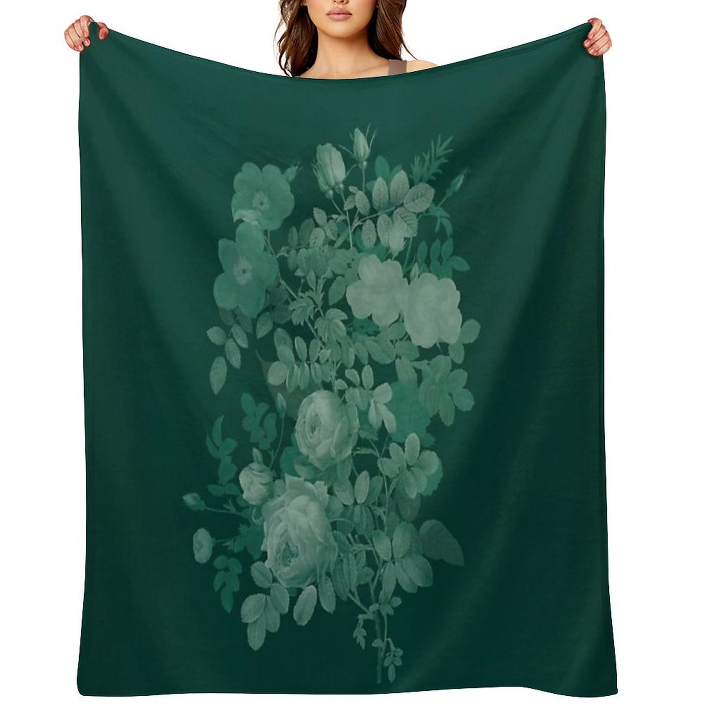 Dark Green Floral Collage, Bottle Green Monochrome Roses Bouquet Throw Blanket