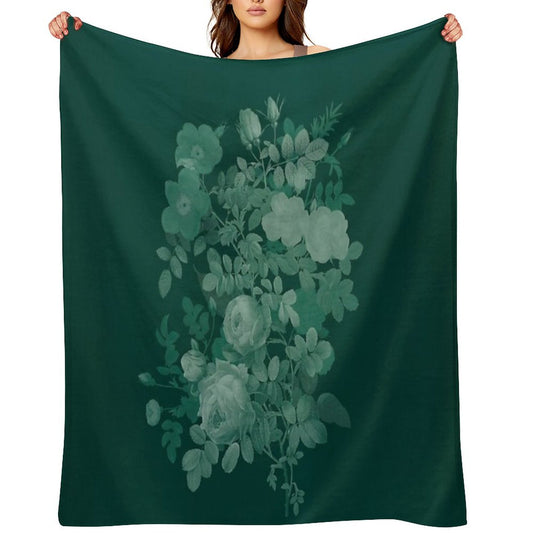 Dark Green Floral Collage, Bottle Green Monochrome Roses Bouquet Throw Blanket