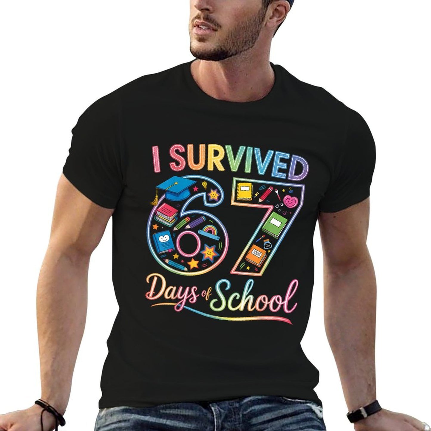 I Survived 67 Days of School Funny Teacher Student Rainbow  Quick-drying T-Shirt