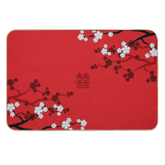 White Oriental Cherry Blossoms on Red And Chinese Wedding Double Happiness  Japanese Sakura © Fatfatin Bath Mat