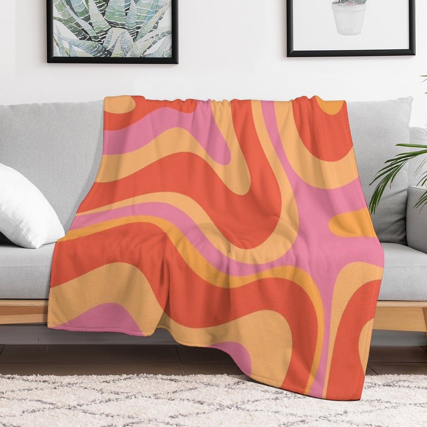 Modern Retro Liquid Swirl Abstract Pattern Square in Vintage Pink And Orange Throw Blanket