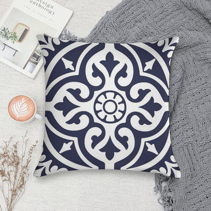 Hamptons Blue And White Moroccan Talavera Tile Soft Short Plush Fabric Throw Pillow